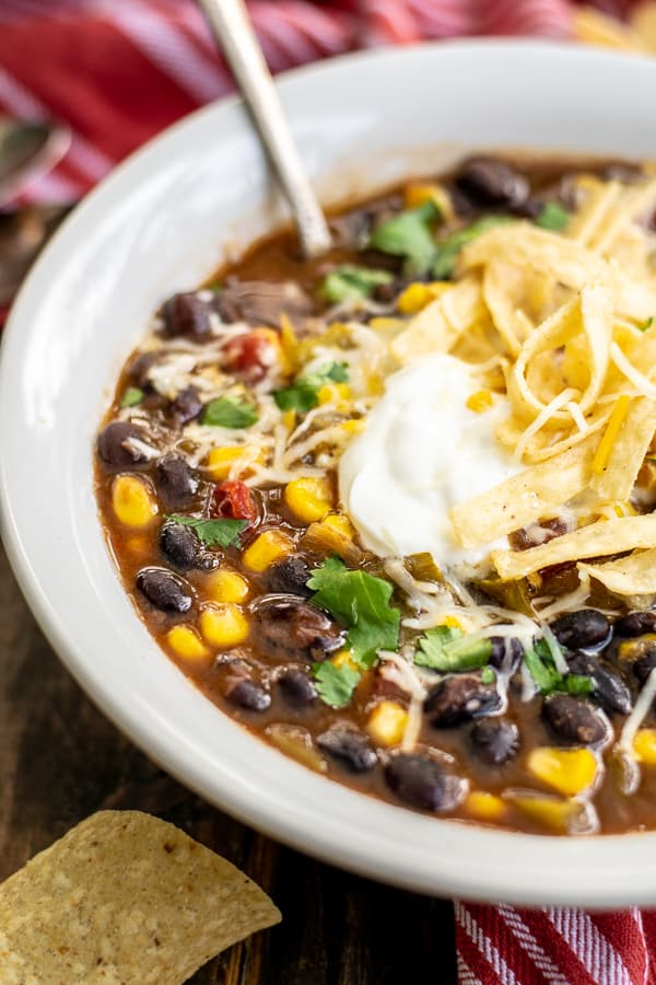 A big bowl of Black Bean Tortilla Soup 