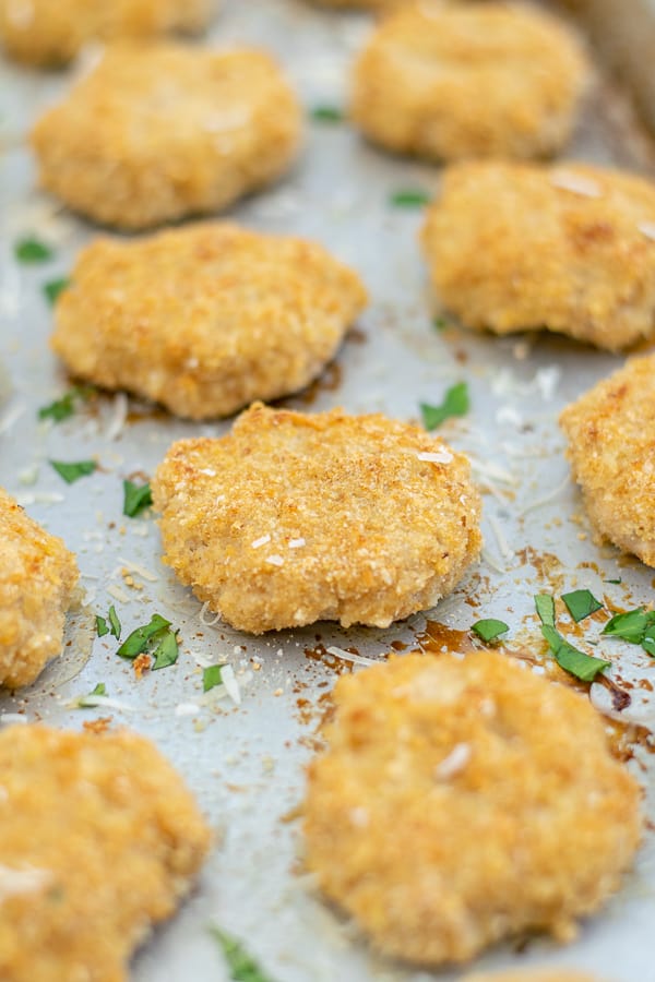 close up of a baked chicken nugget