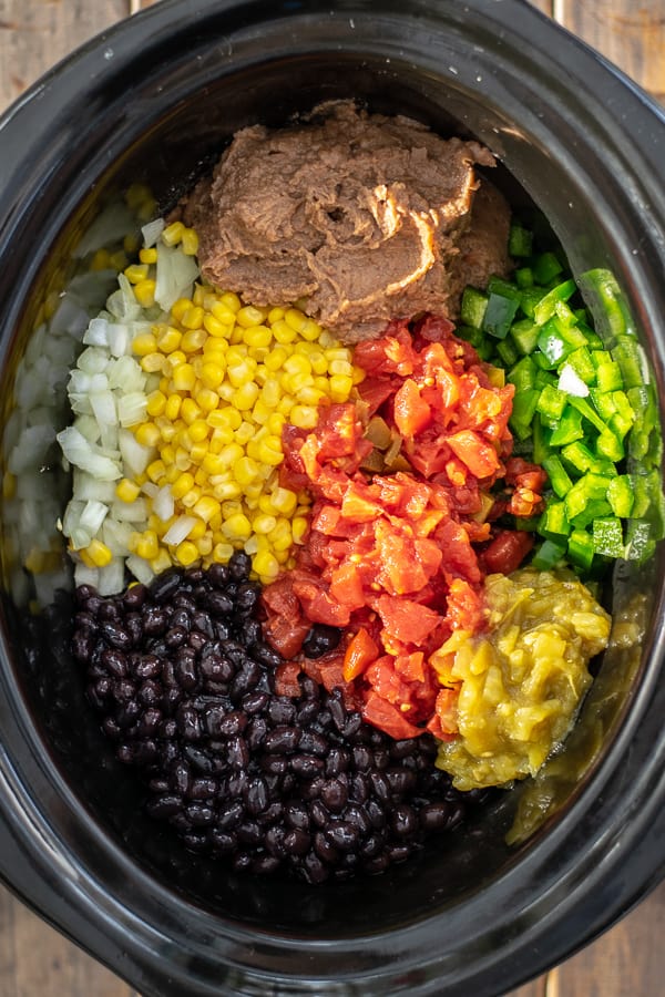 Ingredients for the soup sitting in the crockpot 