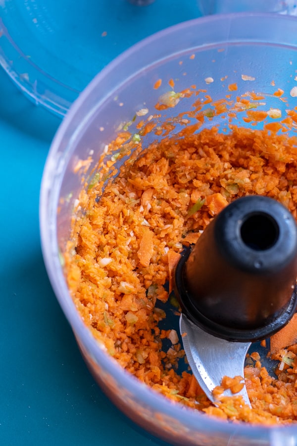vegetables in a food processor minced ready to go into the meatloaf
