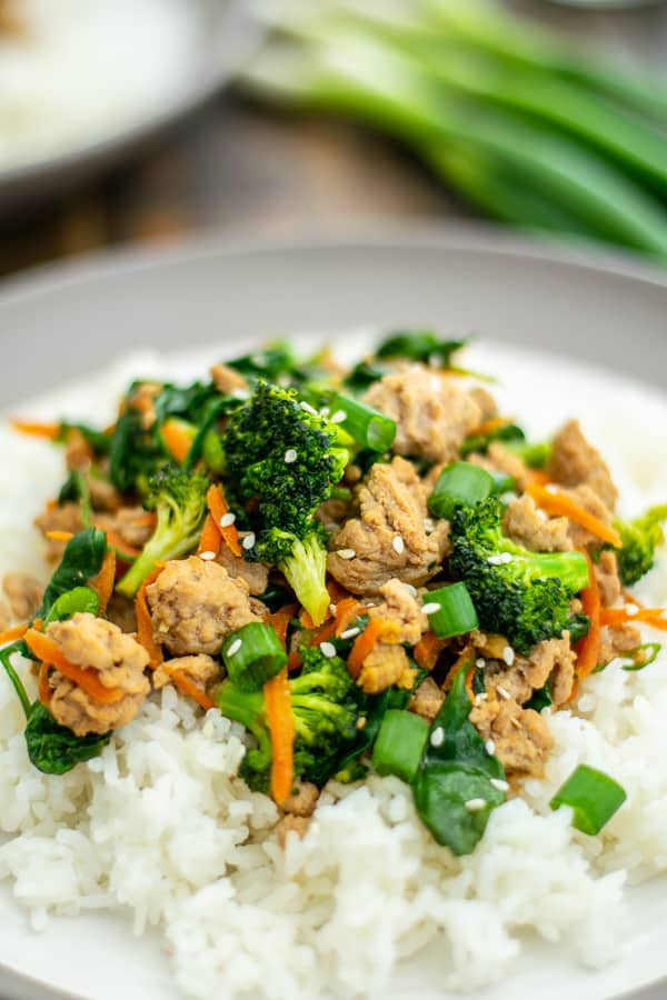 close up of ground pork stir fry on rice