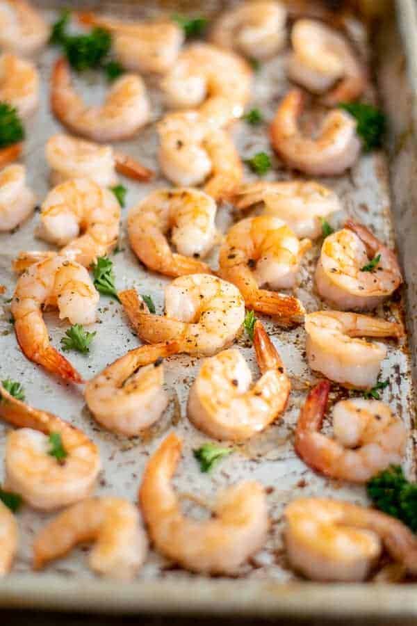 close up of oven baked shrimp recipe on a sheet pan