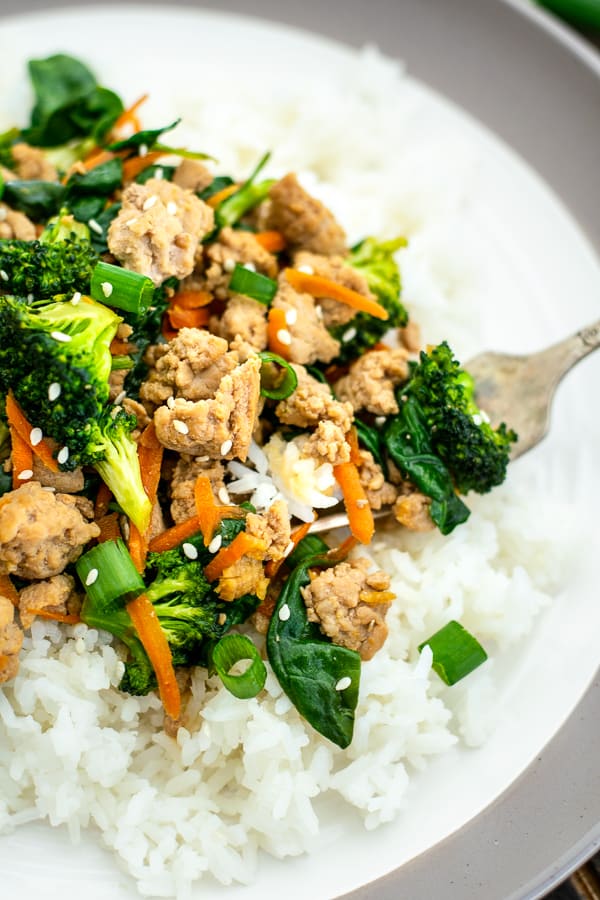 fork with a bite of ground pork stir fry with rice