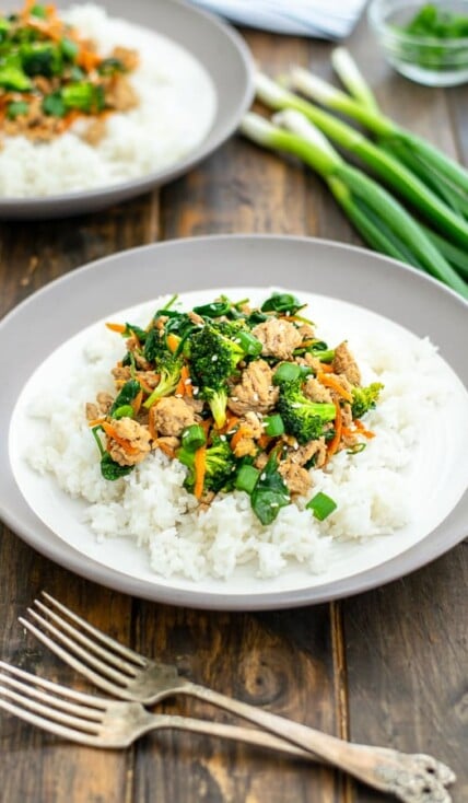 plate full of rice and ground pork stir fry