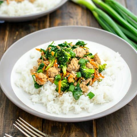 plate full of rice and ground pork stir fry