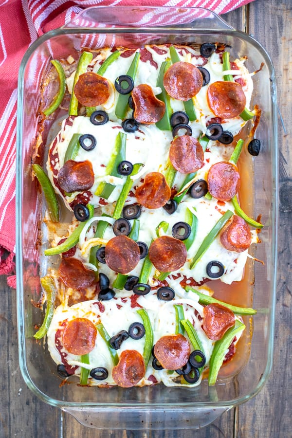 Supreme Pizza Chicken Bake Recipe Low Carb in a glass dish shot from overhead