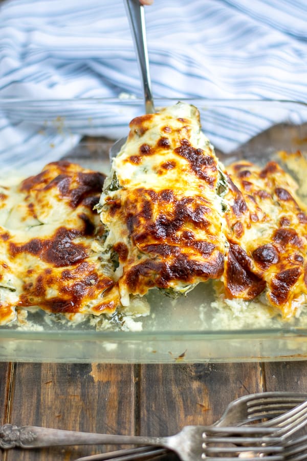 a piece of chicken from the bake being pulled up with cheese stretching from the chicken