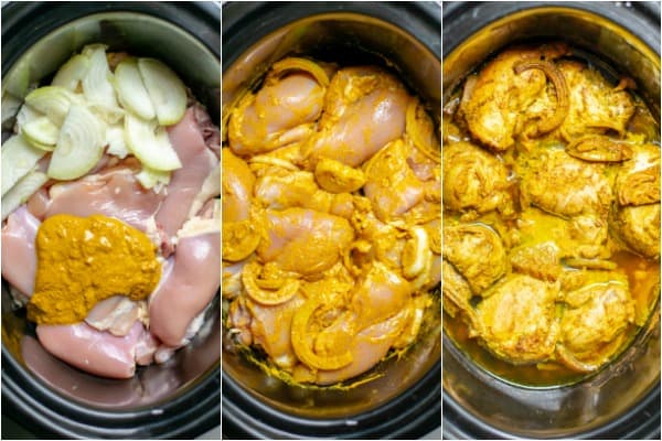 steps 3 and 4 mixing the ingredients and letting the chicken cook in the slow cooker 