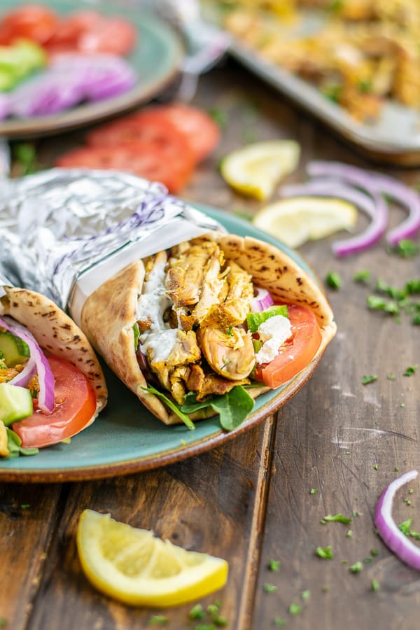 chicken shawarma wrapped in a pita and foil