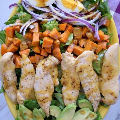 Honey Mustard Chicken and Sweet Potato Salad on a large yellow platter