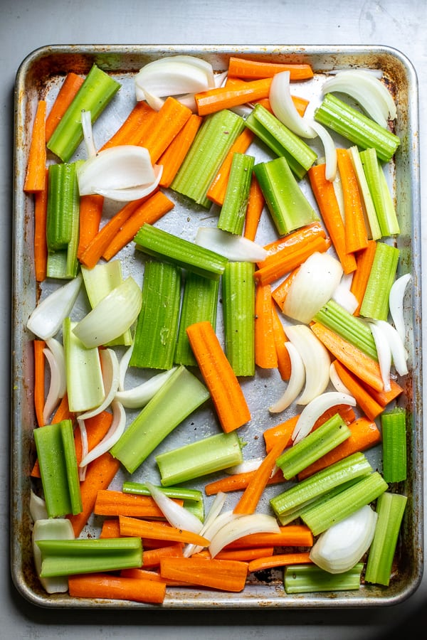 sheet pan filled with vegetables for step 1 