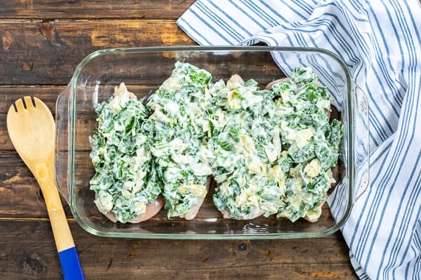 chicken covered with the spinach dip