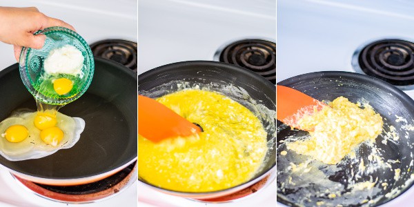 3 photo collage showing the steps of making the perfect scrambled eggs