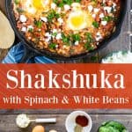 pinterest pin for shakshuka with pictures of a skillet shakshuka and a flatly of the ingredients