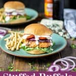 stuffed buffalo chicken burger on a plate with fries with a purple description box