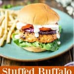ground chicken burger stuffed with buffalo and blue cheese on a teal plate with French fries and a orange description box