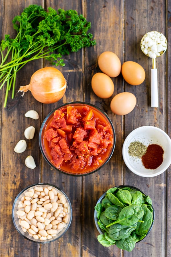 all the ingredients for this easy Shakshuka recipe on a table