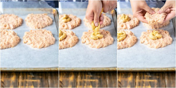 3 picture collage of burger being filled with buffalo cheese filling