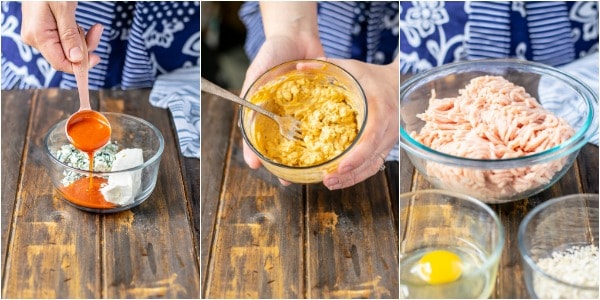 3 picture collage showing the buffalo cheese filling being made and the ingredients for the ground chicken burger