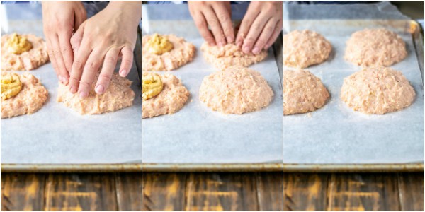 3 picture collage of burgers being filled with buffalo cheese filling and being sealed shut