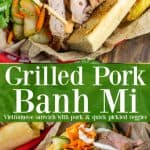 a grilled pork banh mi in a serving basket with fries