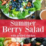 a spinach salad full of three different kinds of berries and a grilled chicken