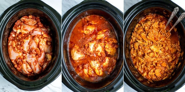 3 photos; raw chicken with sauce in crock, cooked chicken in crock, and pulled chicken in crock
