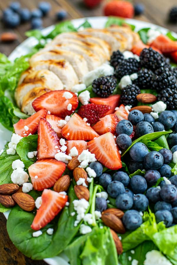 close up of all of the berries on the triple berry salad