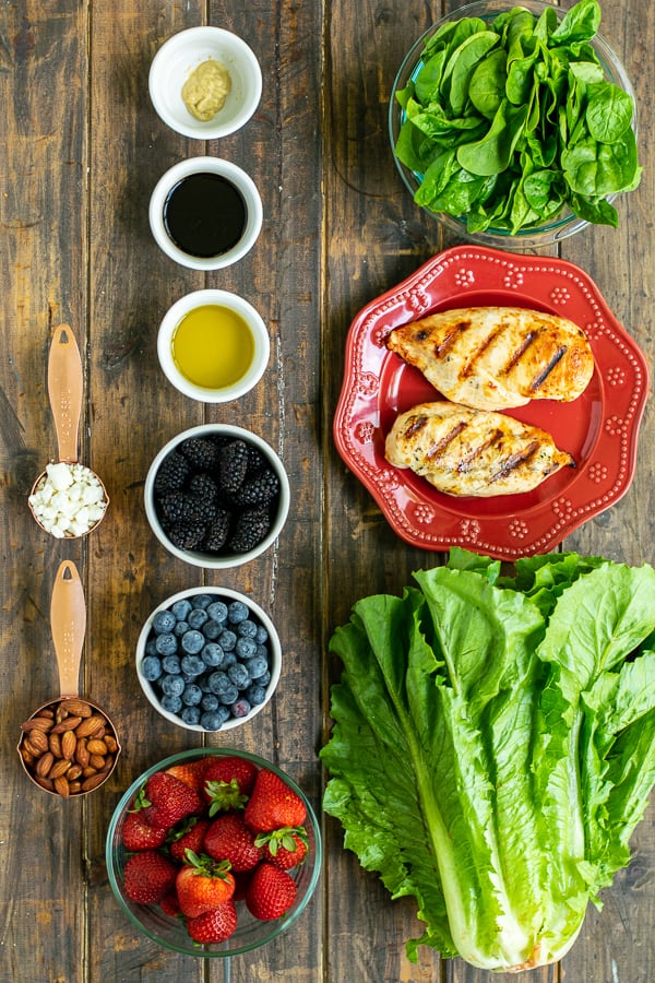 all the ingredients needed to make the salad and vinaigrette 