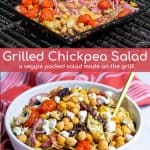 grill basket with chickpea salad on the grill