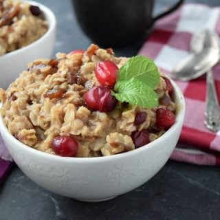 over head shot of cranberry date oatmeal in a bowl