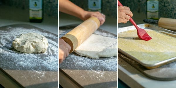 3 photos of the dough being rolled out into crust and oiled