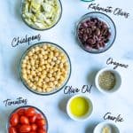 ingredients with labels for the chickpea salad feta
