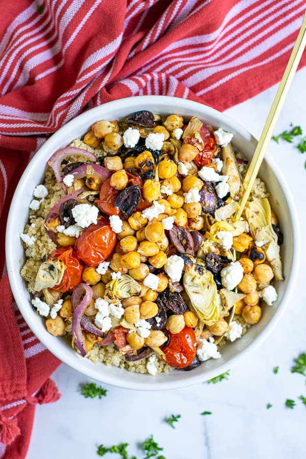 overhead photo of grilled chickpea salad in a bowl 