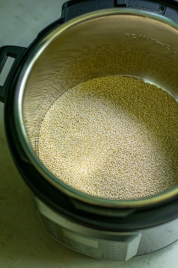 uncooked quinoa in the bottom of the pressure cooker pot