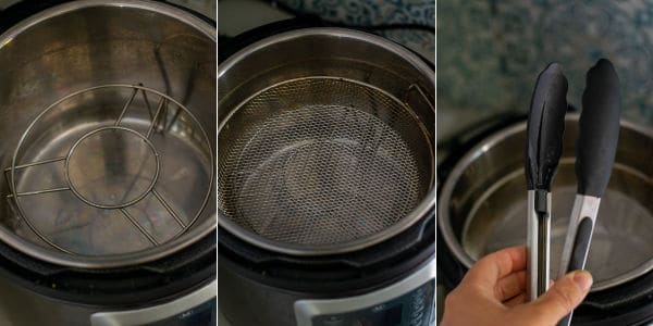 photos of the trivet, fry basket, and tongs