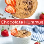 The worlds best chocolate hummus in a white bowl with chocolate shavings and strawberries