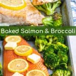 sheet pan salmon and broccoli on a pan