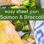 salmon and broccoli on a sheet pan baked to perfection