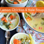 white bowls of lemon chicken soup with kale and lemon slices
