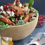 roasted pear salad in a large wooden bowl