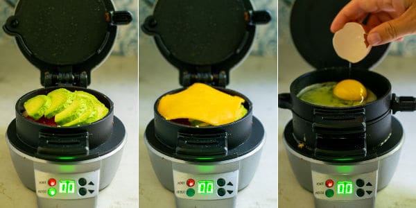 adding avocado to a Hamilton beach sandwich maker, cheese, and an egg