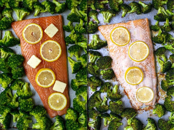before and after photos of the salmon and broccoli on a sheet pan with lemons and butter