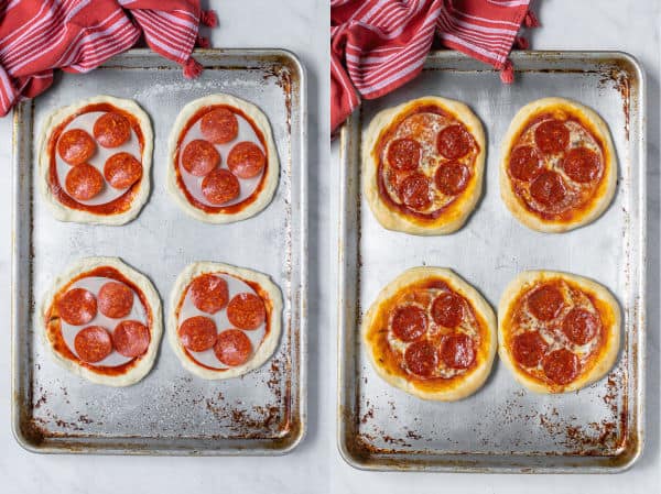before and after of putting the personal pizza recipe in the oven