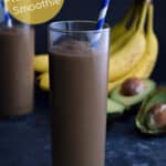 chocolate avocado smoothies in glasses with bananas and avocado