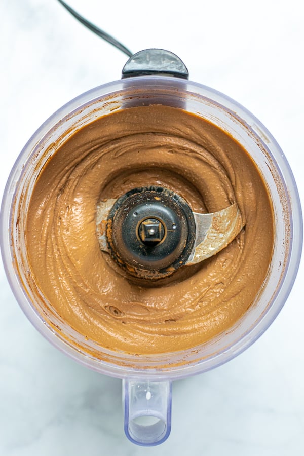just blended chocolate hummus in a food processor