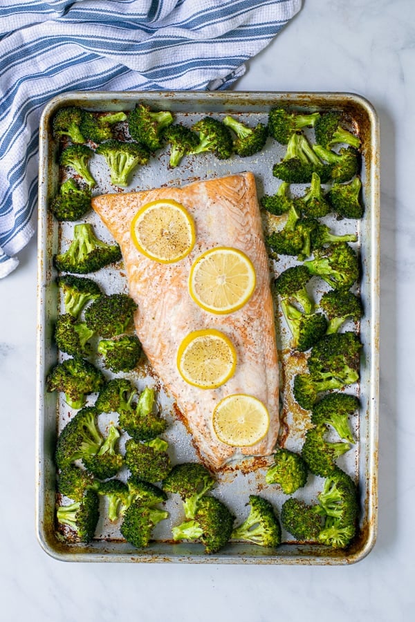overhead image of sheet pan salmon dinner