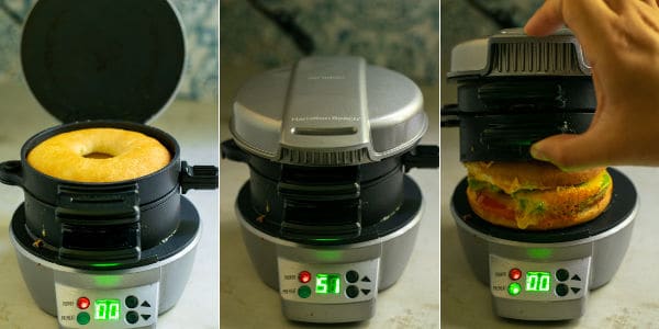 series of pictures showing a bagel sandwich in a Hamilton beach breakfast sandwich maker and opening a cooked sandwich