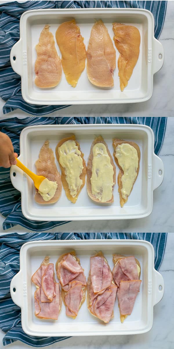 steps 1 to 4 shown, sauce being put on the chicken and ham being topped on the chicken bake