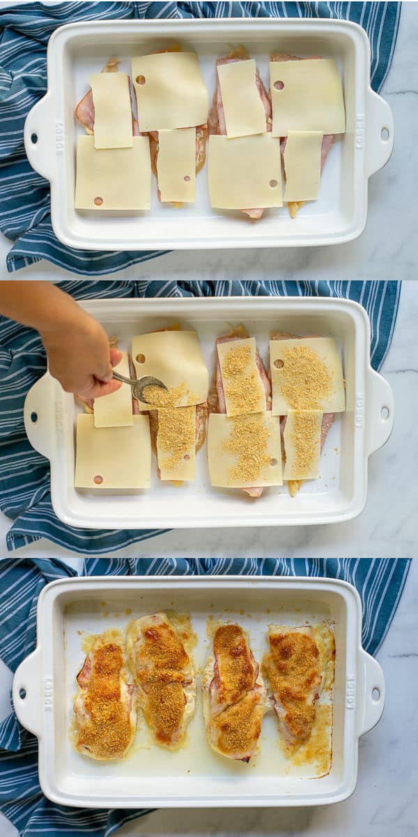steps 5 to 8 shown in order, placing the cheese and bread crumbs and the fully baked dish